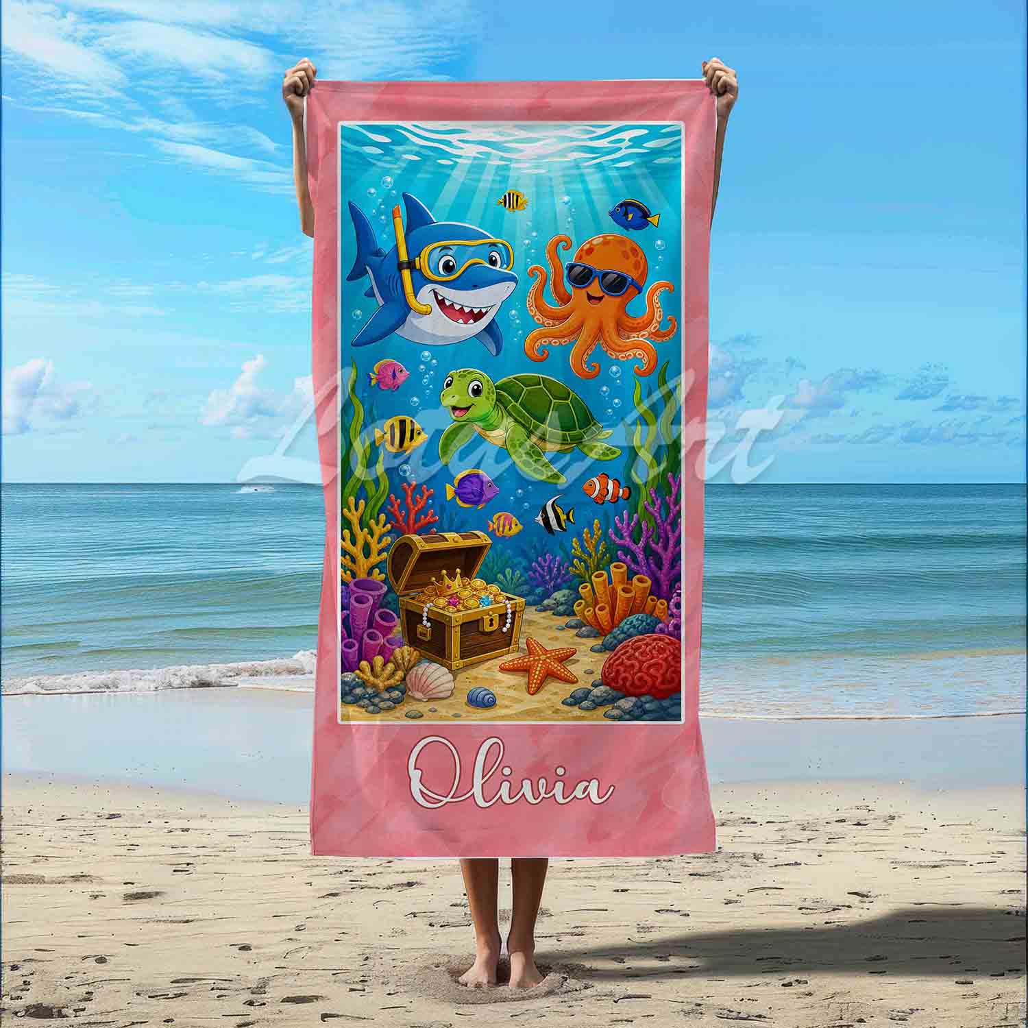 Personalized girls pink beach towel, cute ocean animals art custom name gift, sea creatures illustration, beach