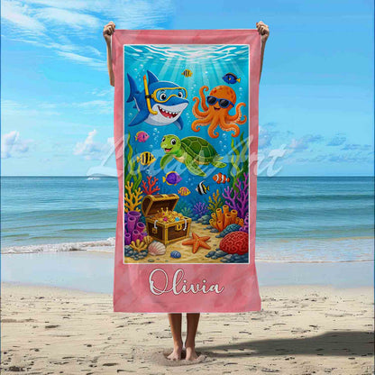 Personalized girls pink beach towel, cute ocean animals art custom name gift, sea creatures illustration, beach