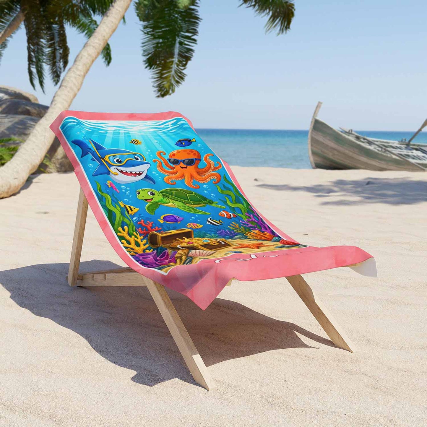 Personalized girls pink beach towel, cute ocean animals illustration custom name gift, sea creatures print, lounger