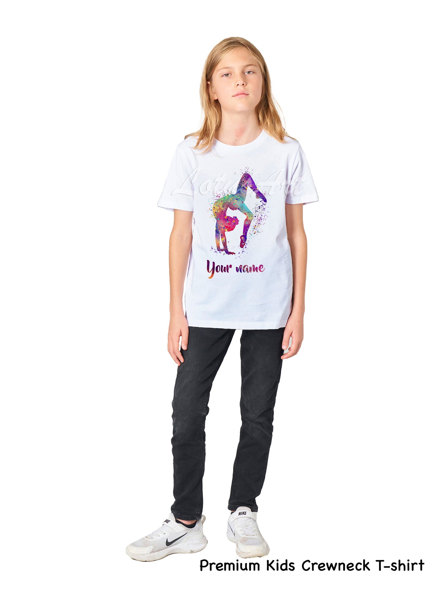 Personalized gymnastics tumbling girl kids t-shirt with custom name, watercolor art sports gift for girl athletes
