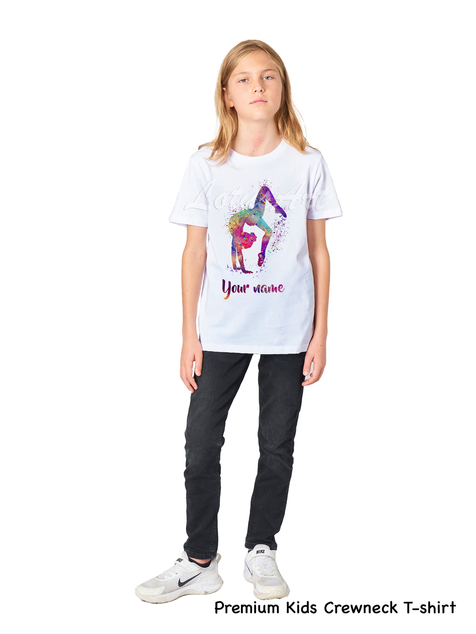 Personalized gymnastics tumbling girl kids t-shirt with custom name, watercolor art sports gift for girl athletes