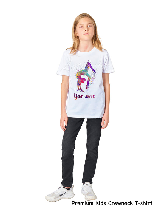 Personalized gymnastics tumbling girl kids t-shirt with custom name, watercolor art sports gift for girl athletes