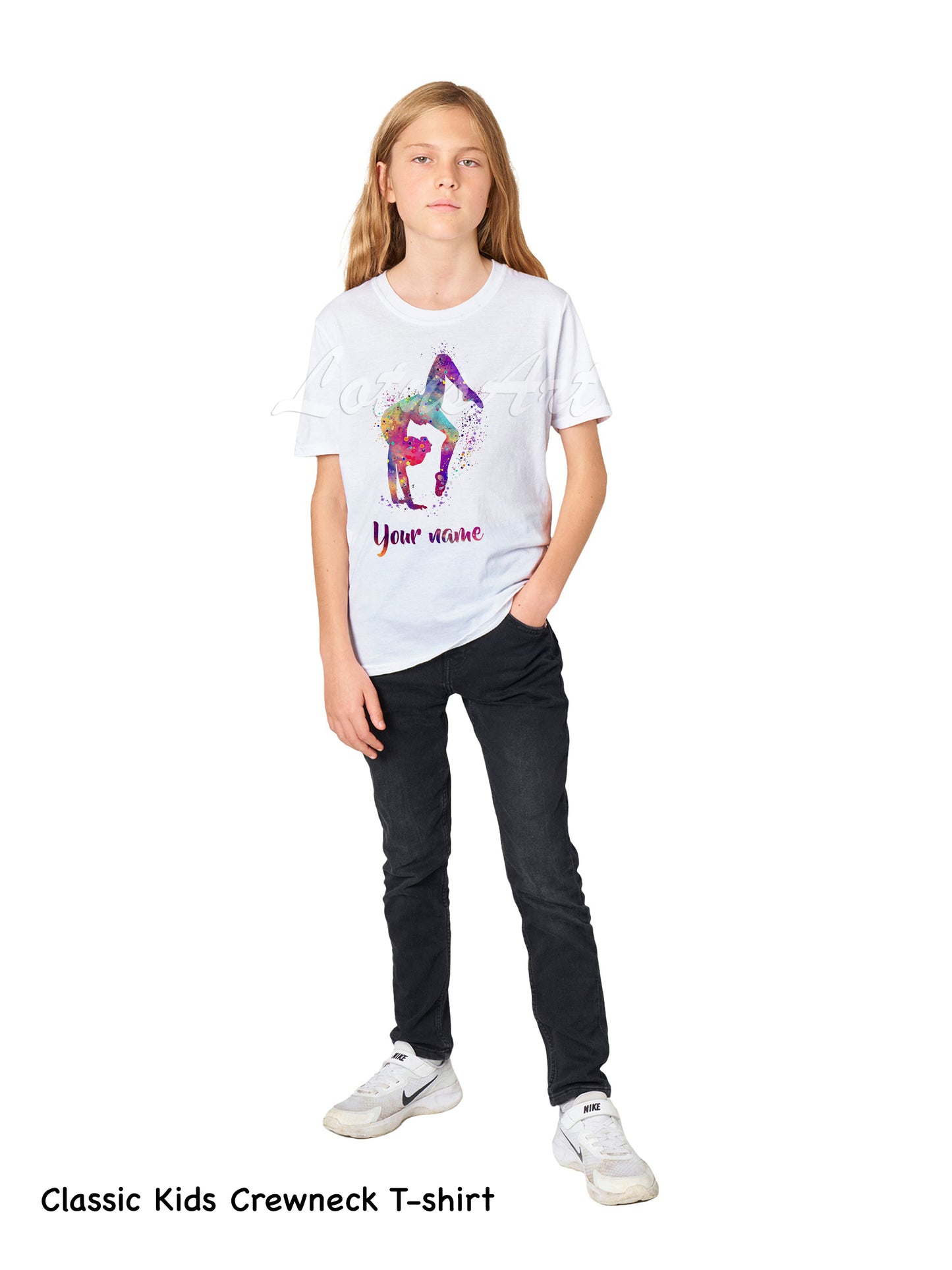 Personalized gymnastics tumbling girl kids t-shirt watercolor art with custom name, sports gift for young female athletes
