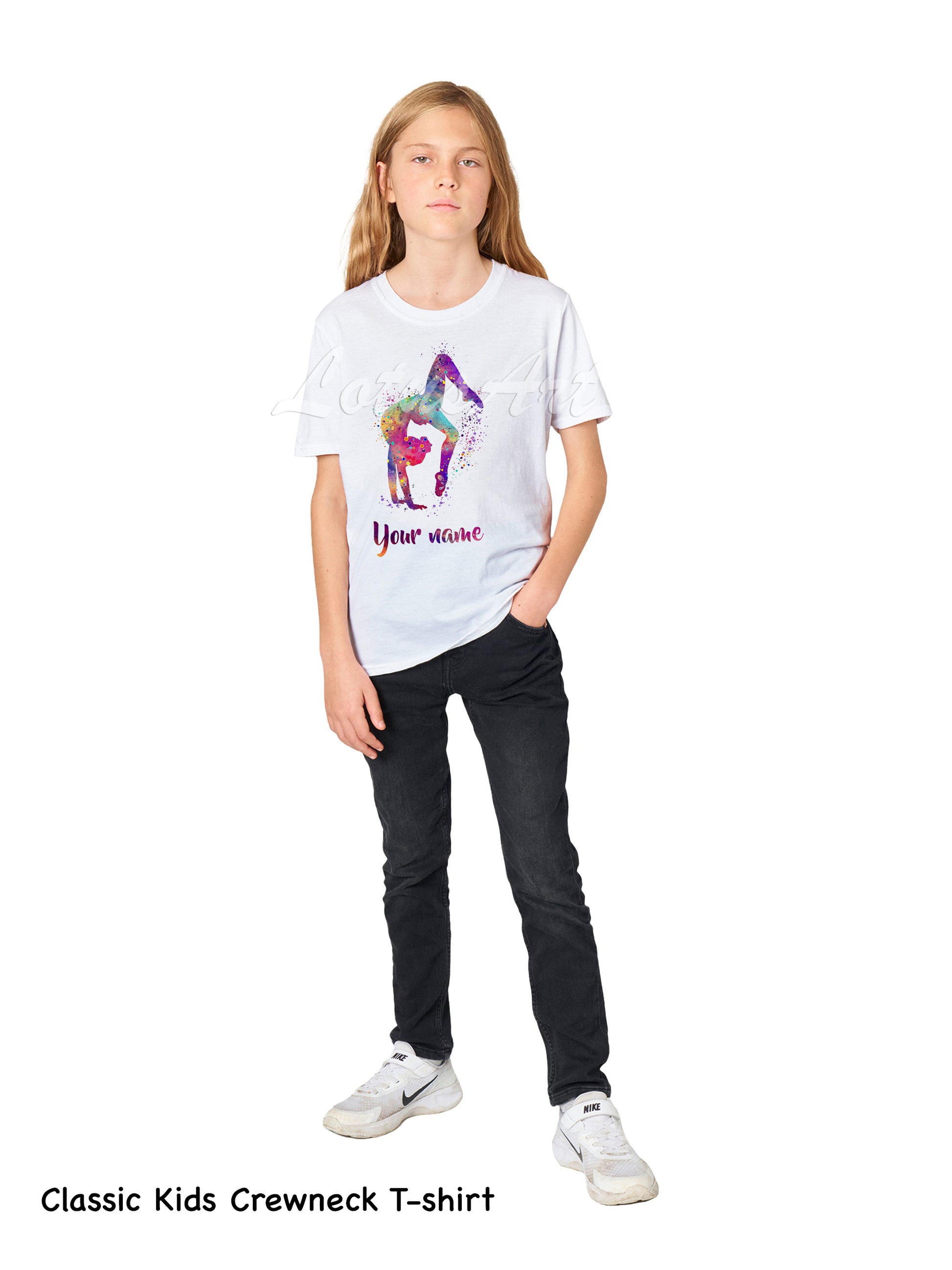 Personalized gymnastics tumbling girl kids t-shirt watercolor art with custom name, sports gift for young female athletes