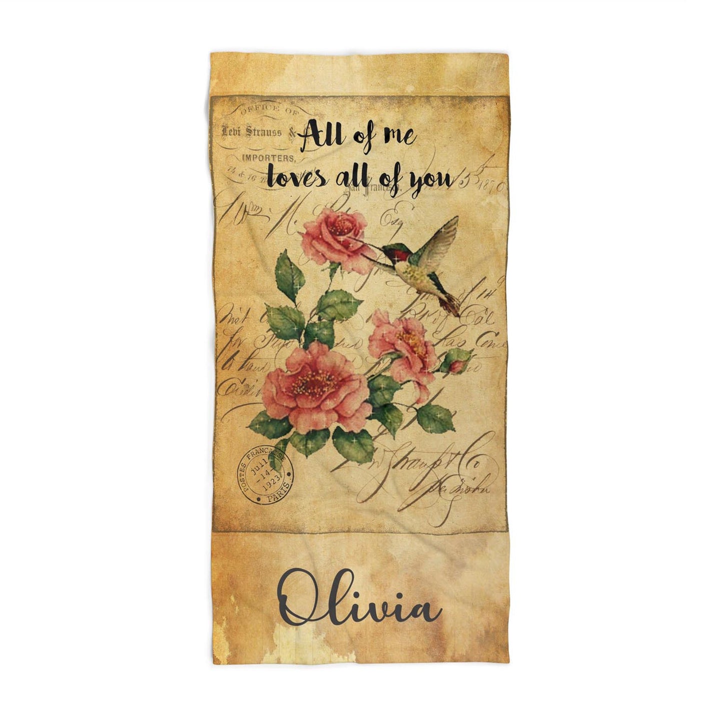 Personalized hummingbird roses beach towel vintage style custom name & love quote, romantic art front view