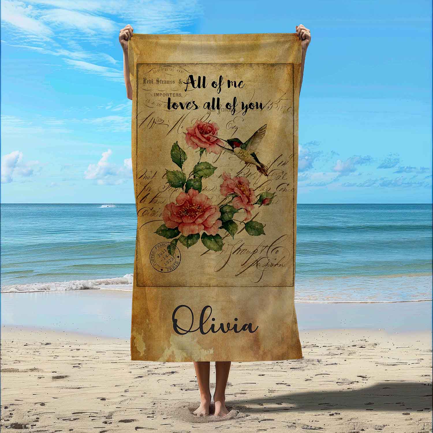 Personalized hummingbird roses beach towel vintage style custom name & love quote, romantic art lifestyle beach