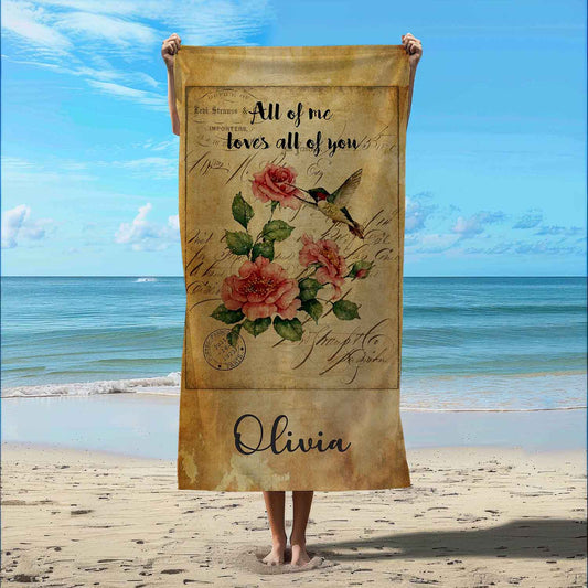 Personalized hummingbird roses beach towel vintage style custom name & love quote, romantic art lifestyle beach