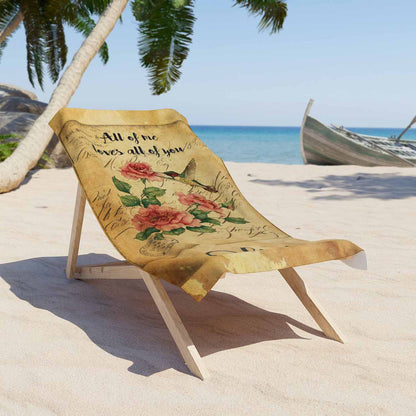 Personalized hummingbird roses beach towel vintage style custom name & love quote, romantic art on a lounger
