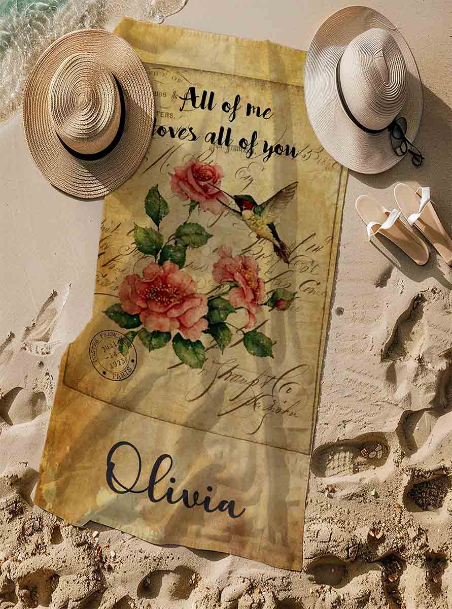 Personalized hummingbird roses beach towel vintage style custom name & love quote, romantic art lifestyle sand
