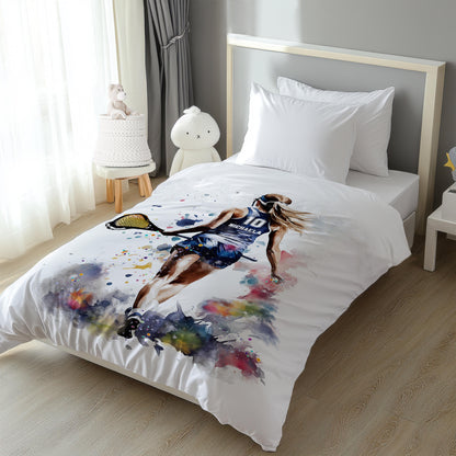 Personalized lacrosse girl comforter watercolor sports bedding - custom name and number on bed in bright room