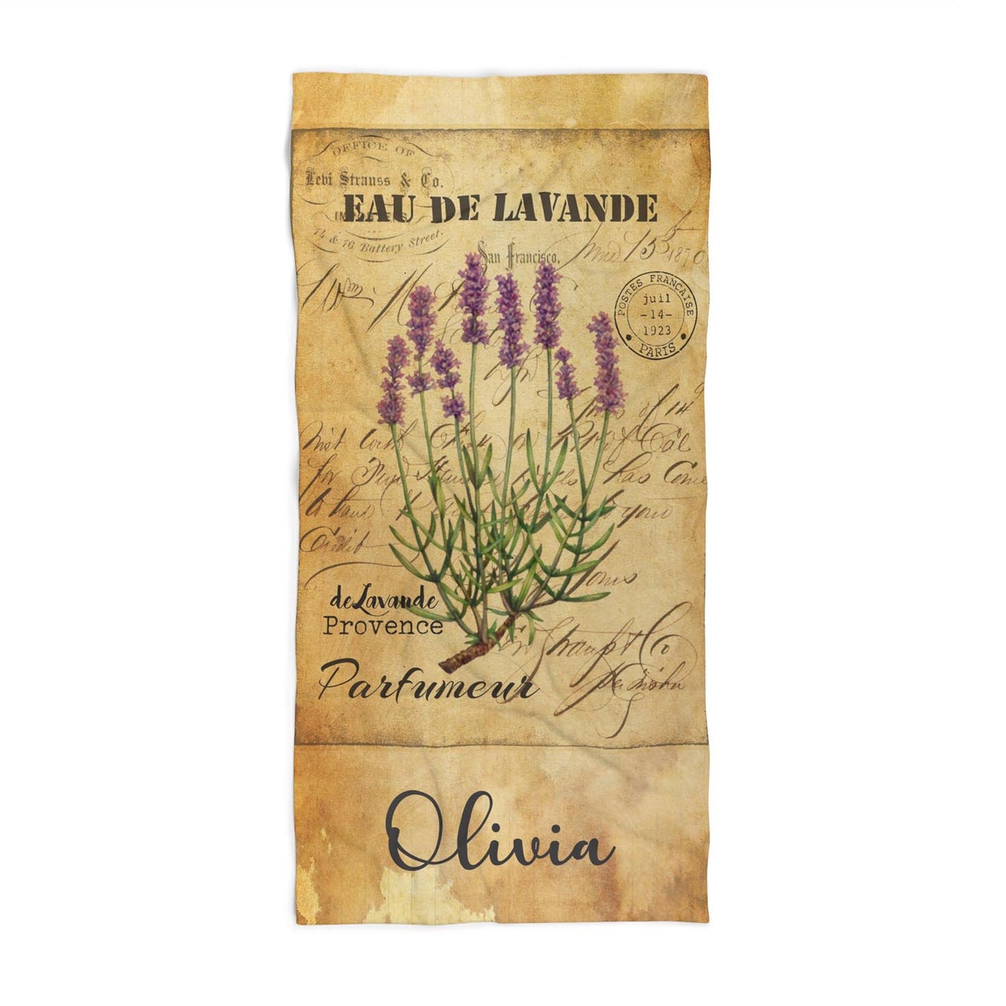 Personalized lavender flowers beach towel vintage style custom name, botanical art front view