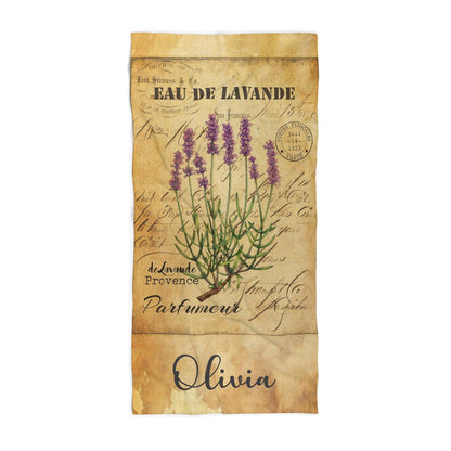 Personalized lavender flowers beach towel vintage style custom name, botanical art front view
