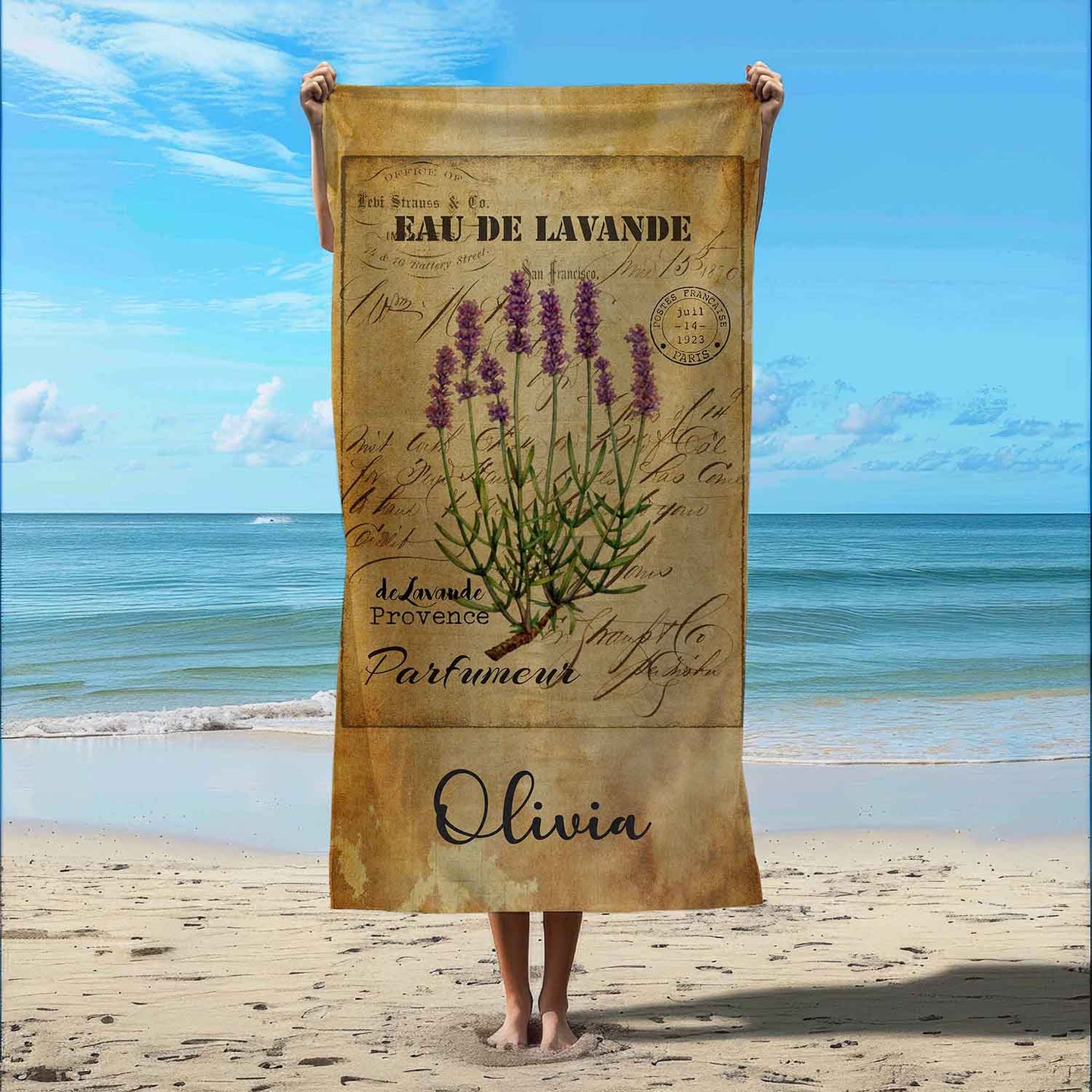 Personalized lavender flowers beach towel vintage style custom name, botanical art lifestyle beach