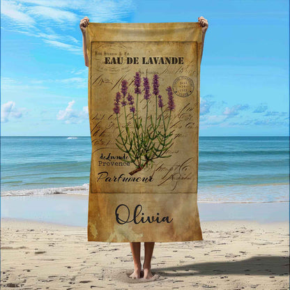 Personalized lavender flowers beach towel vintage style custom name, botanical art lifestyle beach