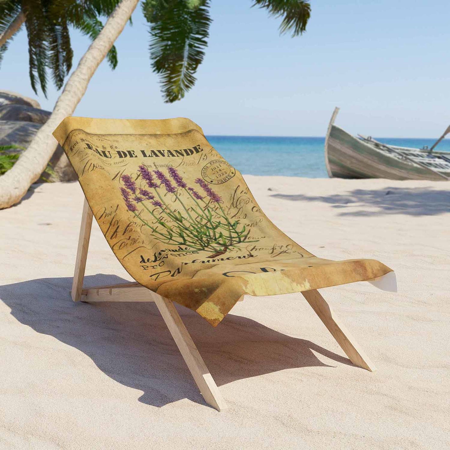 Personalized lavender flowers beach towel vintage style custom name, botanical art on a lounger
