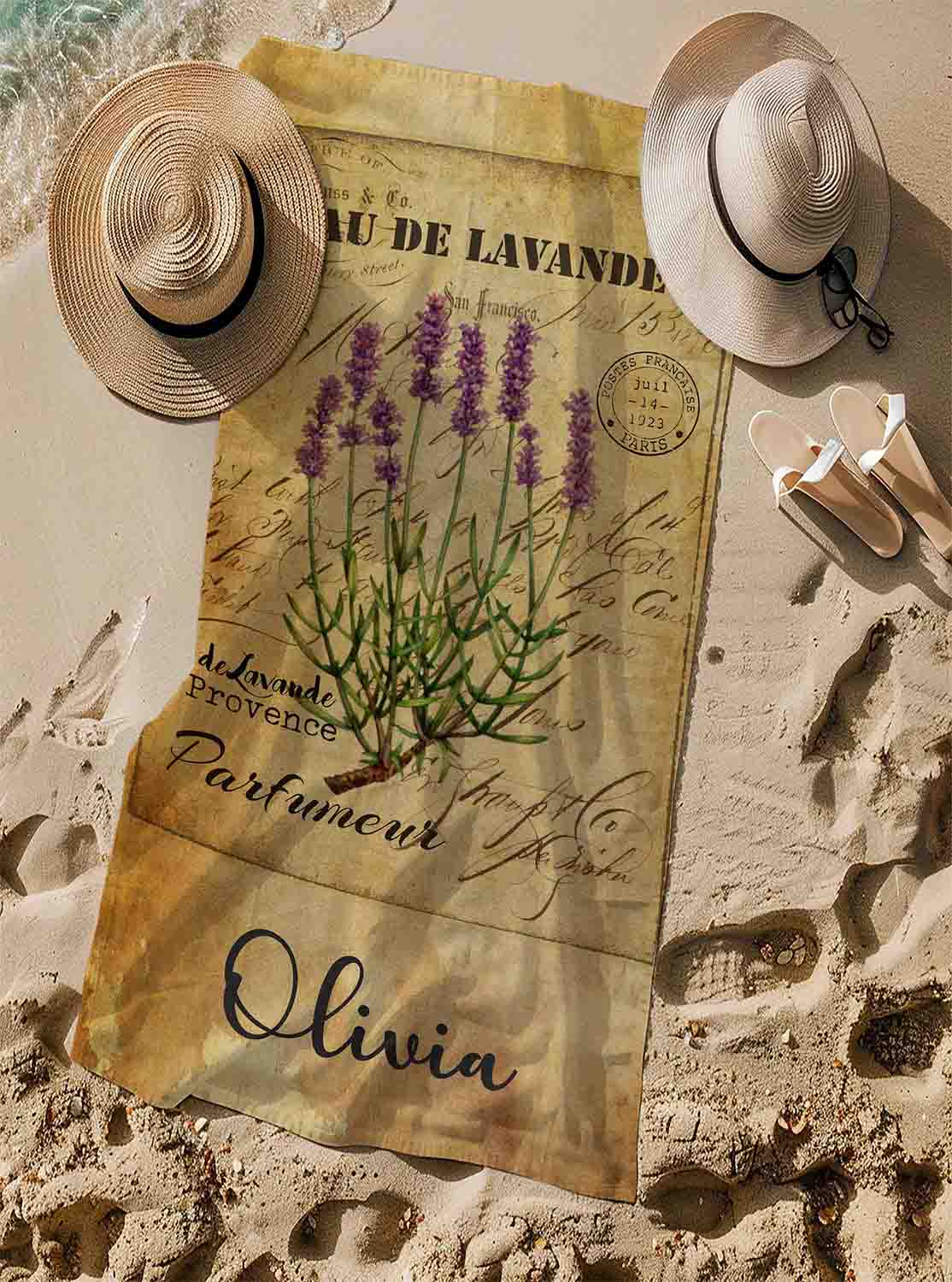 Personalized lavender flowers beach towel vintage style custom name, botanical art lifestyle sand