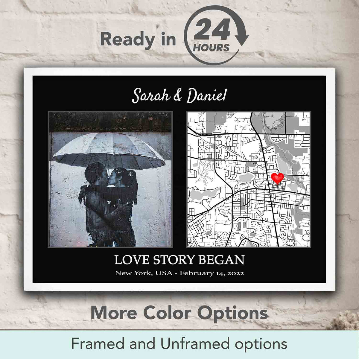 Personalized Love Story location map art poster on black background, custom couple photo print & first date gift