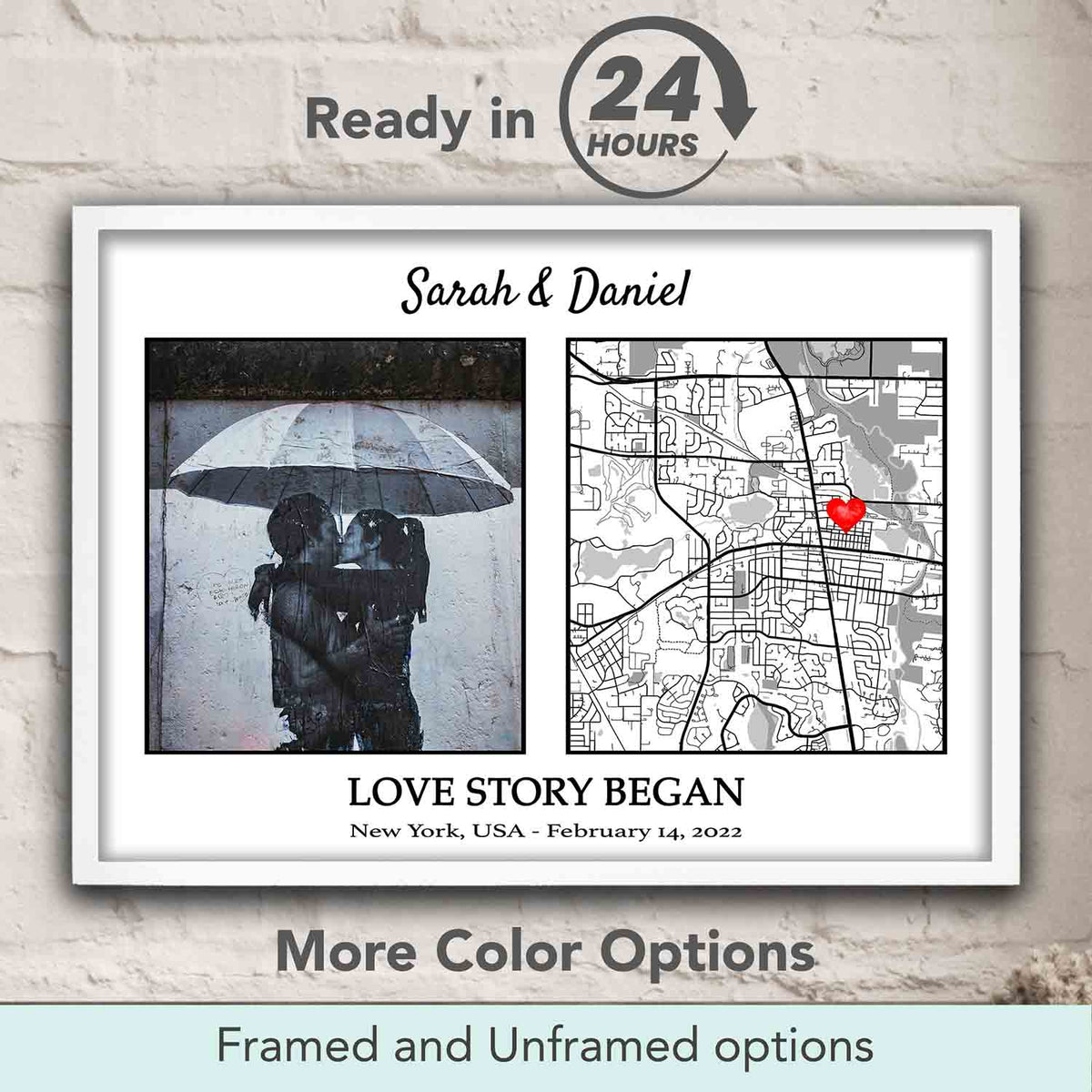 Personalized Love Story location map print on white background, couple photo wall decor & anniversary keepsake