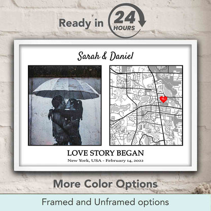 Personalized Love Story location map print on white background, couple photo wall decor & anniversary keepsake