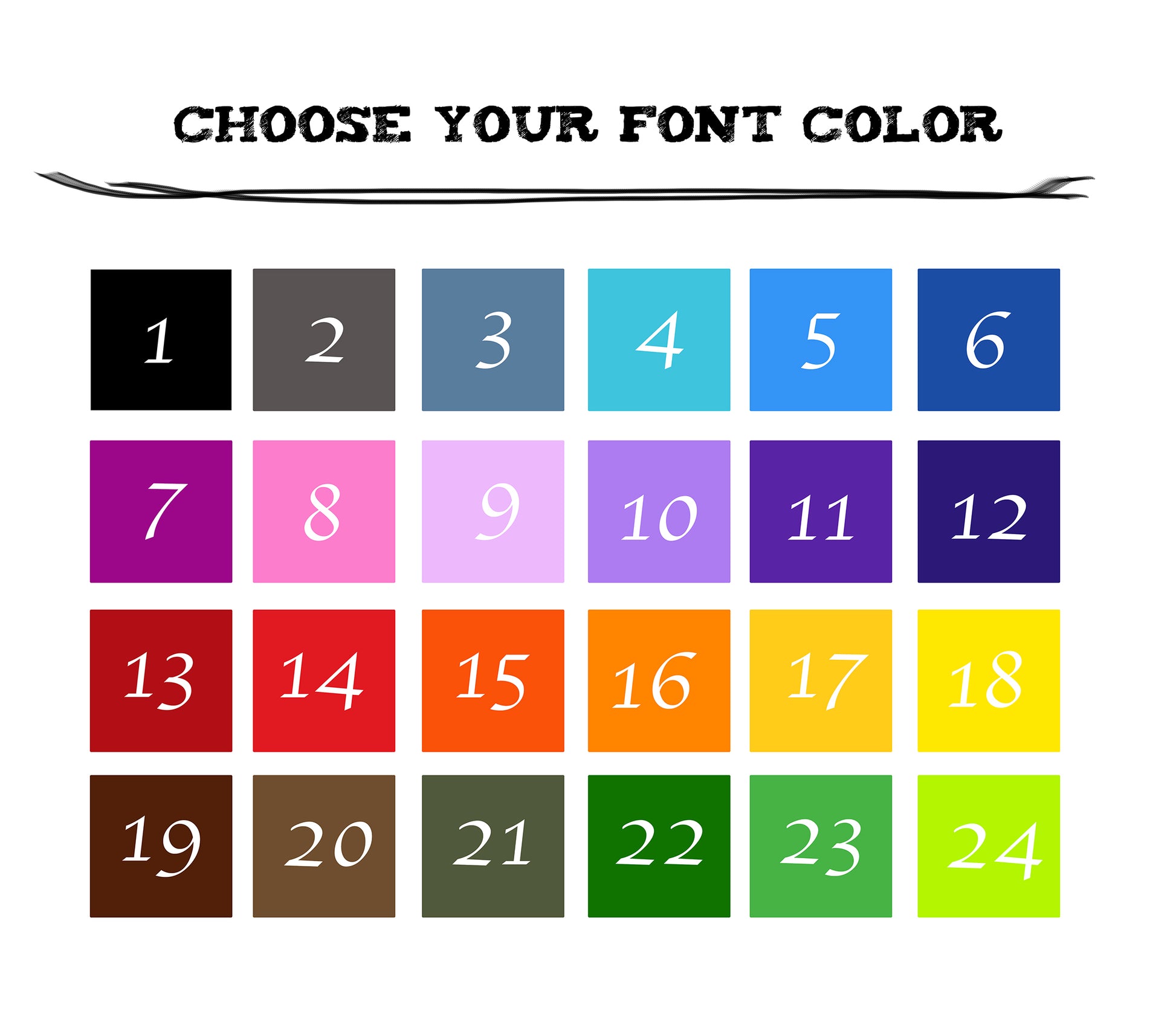 Font color options for personalized custom mug, choose from 24 text colors
