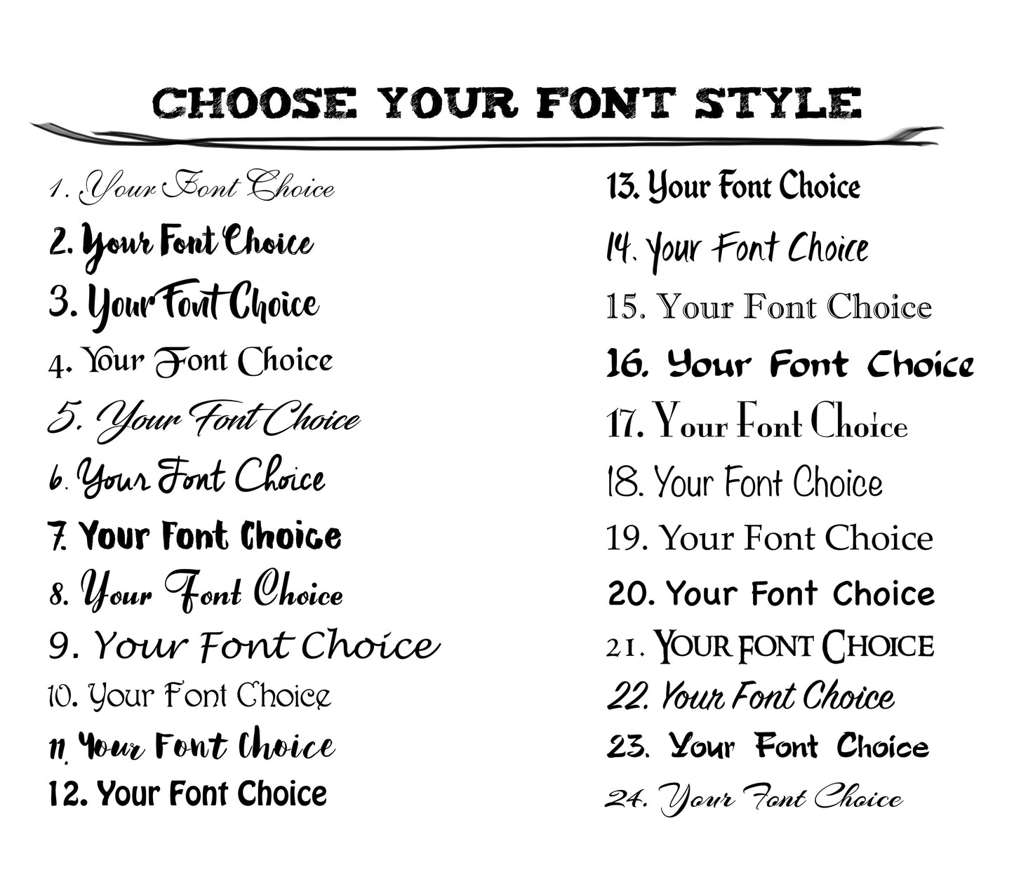 Font style options for personalized custom mug, choose from 24 text styles