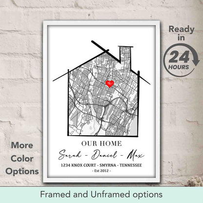 Personalized Our Home location map art print on white background, custom housewarming gift & first home wall decor