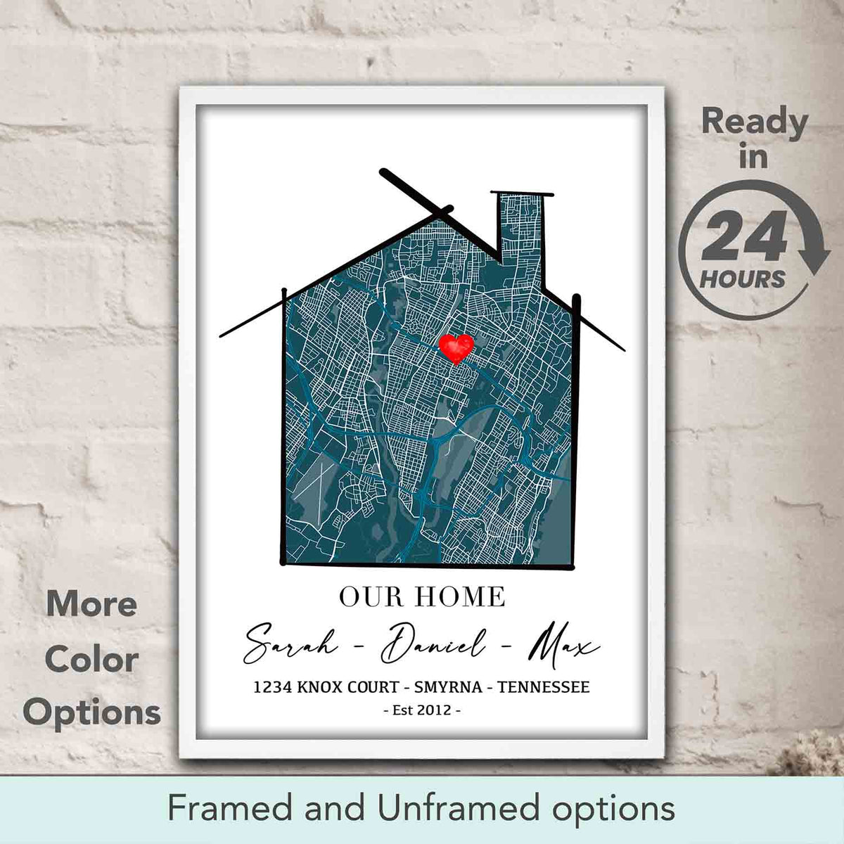 Personalized Our Home location map art print on teal background, first home gift idea & custom housewarming wall decor