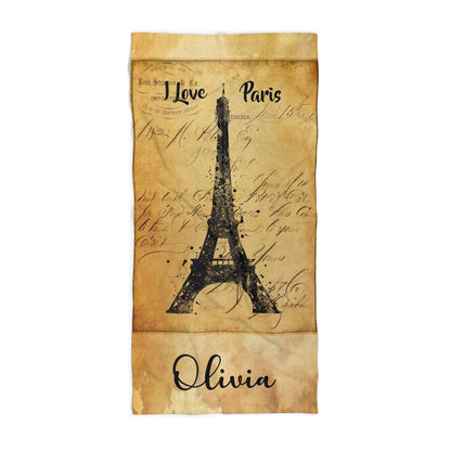 Personalized Paris Eiffel Tower beach towel vintage style custom name, travel art front view