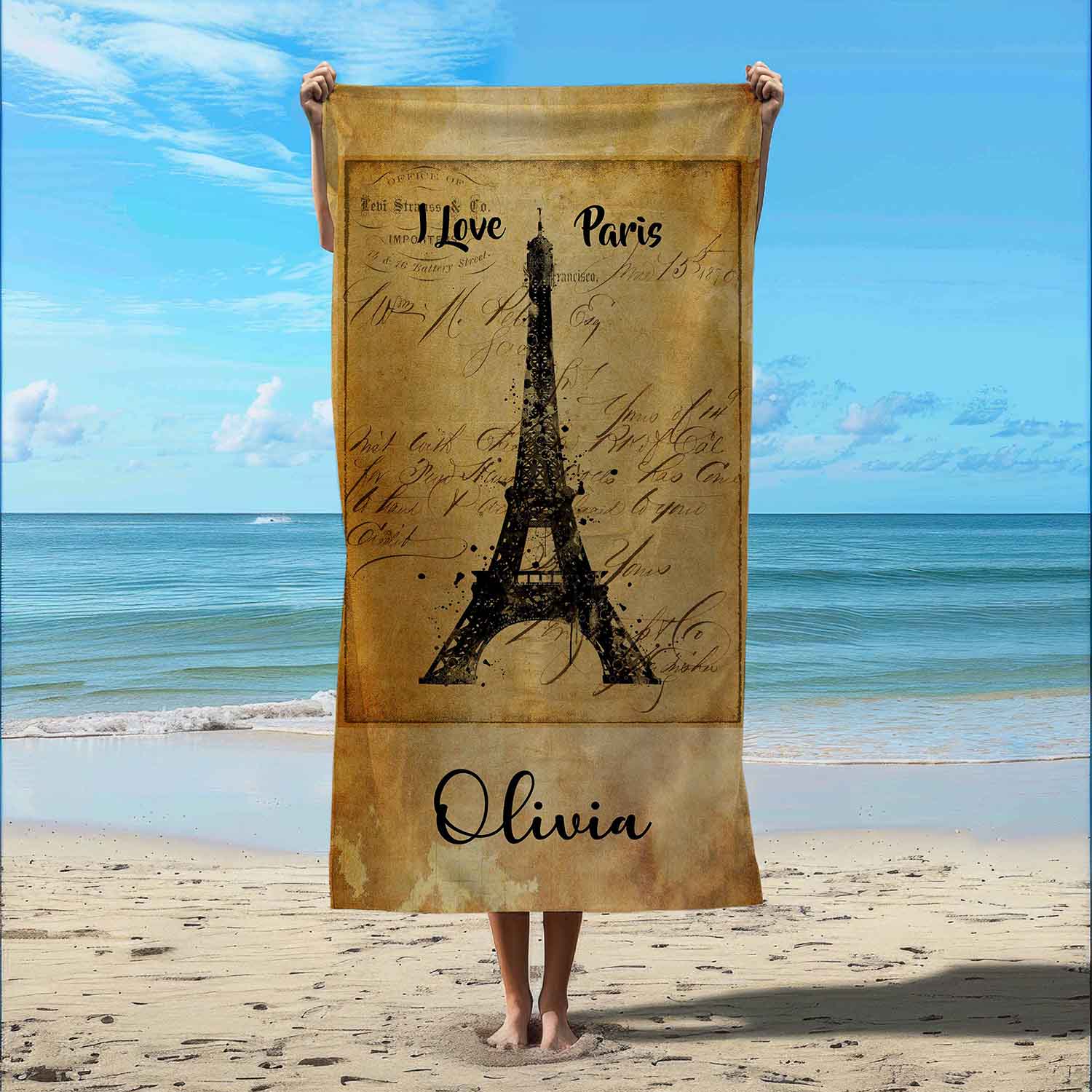 Personalized Paris Eiffel Tower beach towel vintage style custom name, travel art lifestyle beach
