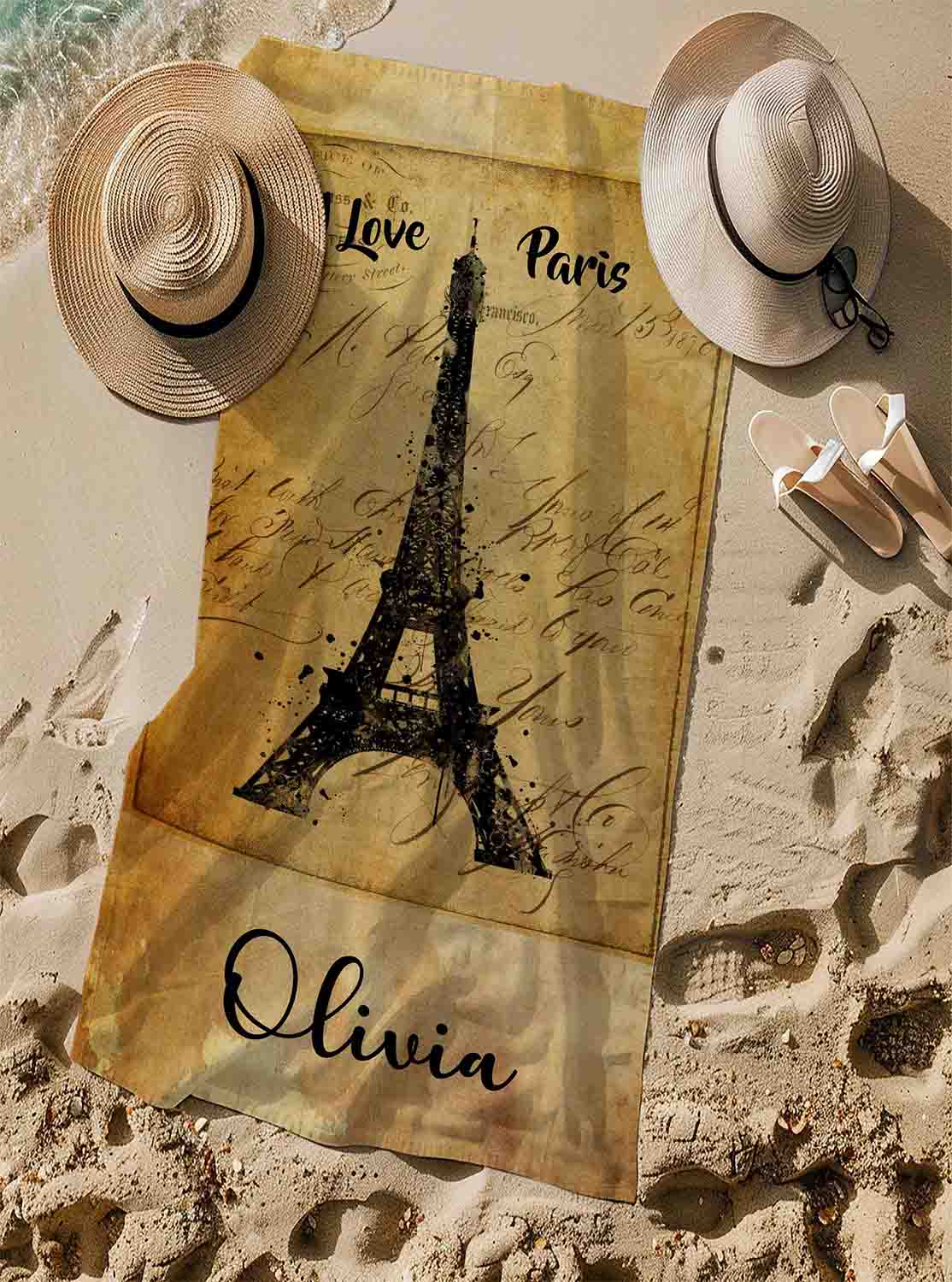 Personalized Paris Eiffel Tower beach towel vintage style custom name, travel art lifestyle sand