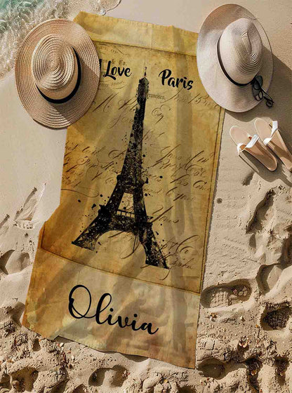 Personalized Paris Eiffel Tower beach towel vintage style custom name, travel art lifestyle sand