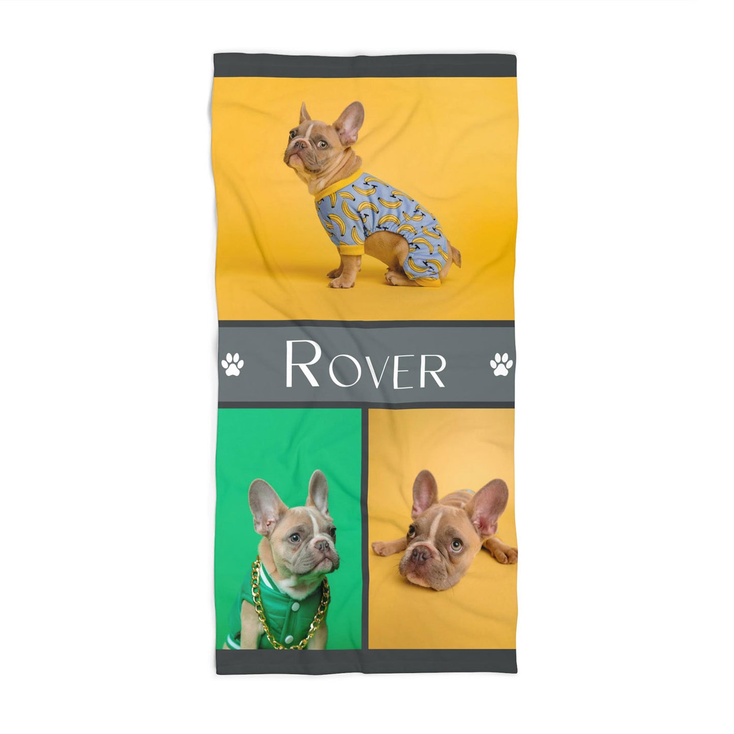 Personalized pet photo beach towel custom name gift, dog cat photo front view