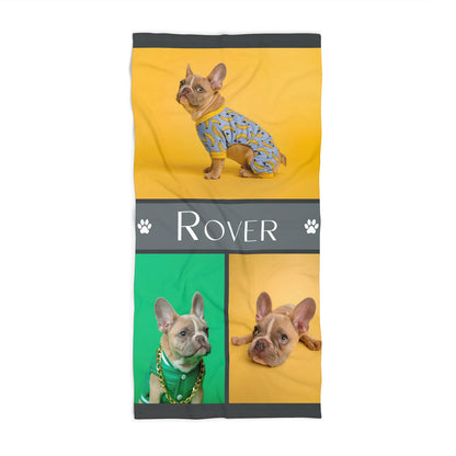 Personalized pet photo beach towel custom name gift, dog cat photo front view