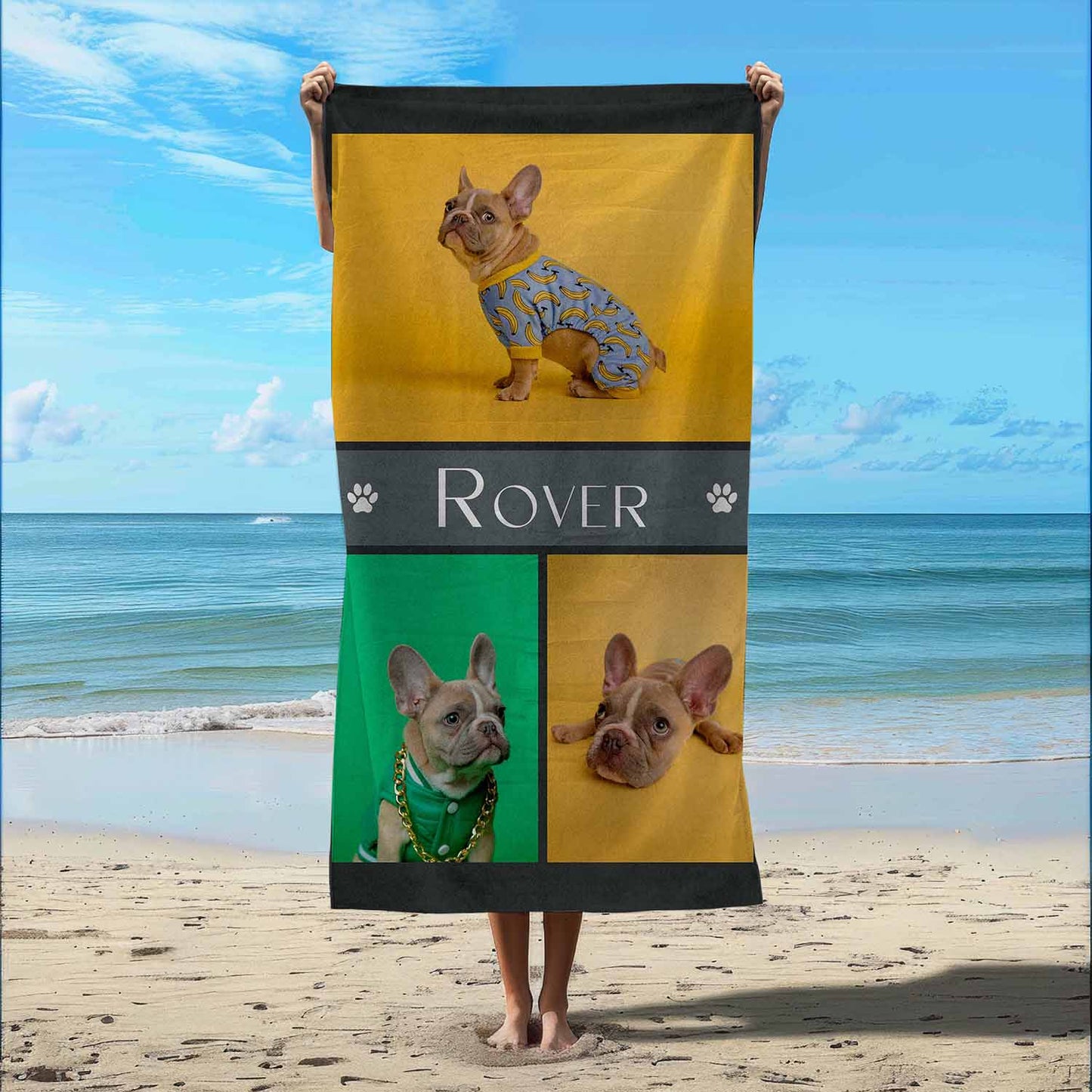 Personalized pet photo beach towel custom dog cat name gift, French bulldog lifestyle beach