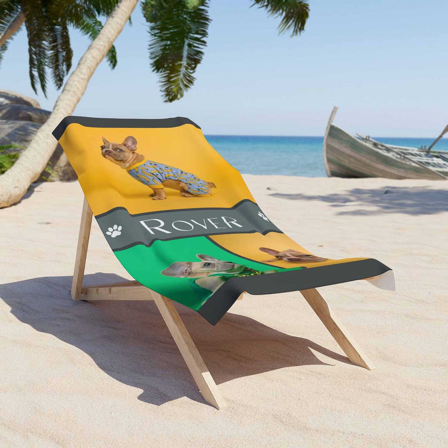 Personalized pet photo beach towel custom name gift, dog cat photo pet lover lifestyle lounger