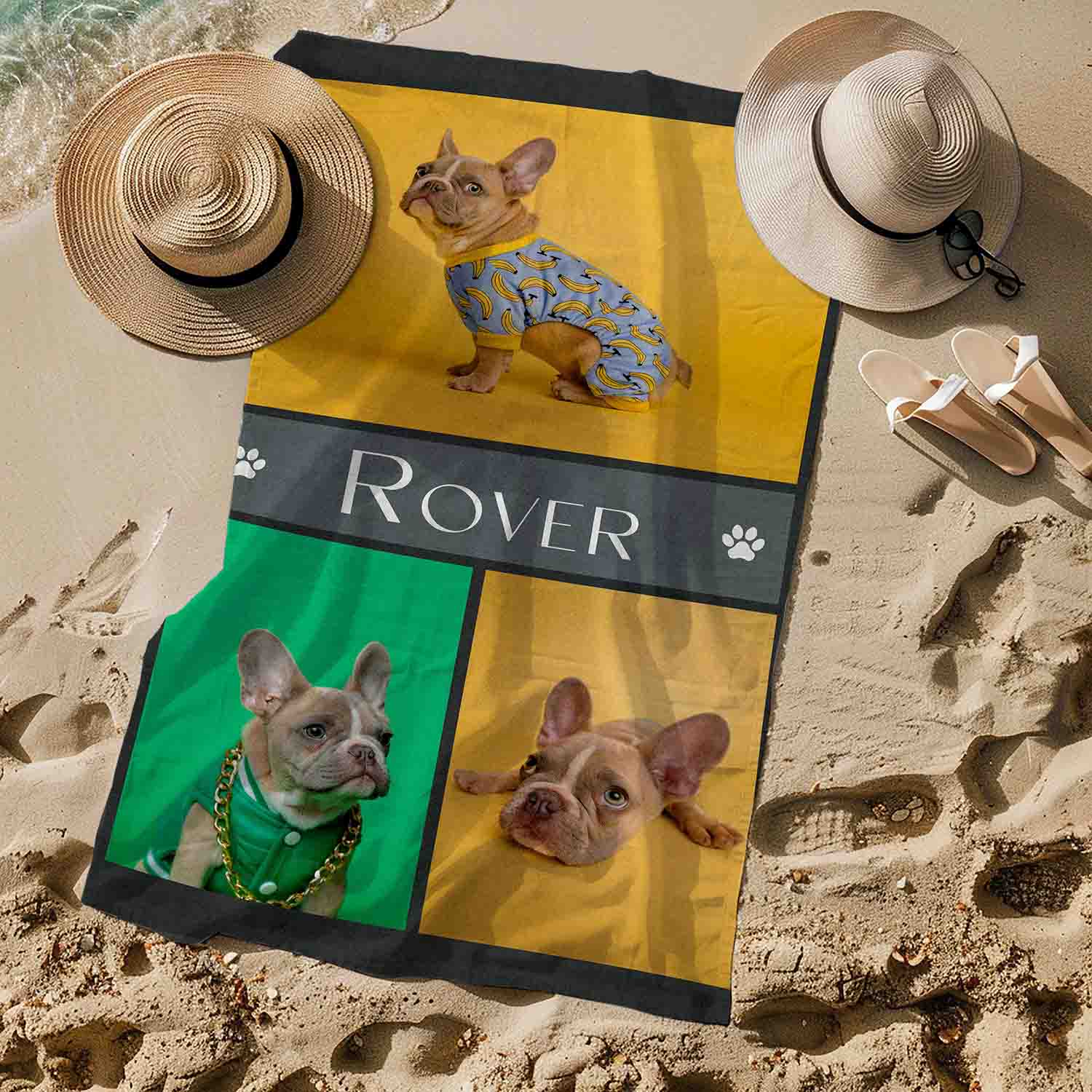 Personalized pet photo beach towel custom dog cat name gift, pet lover lifestyle sand