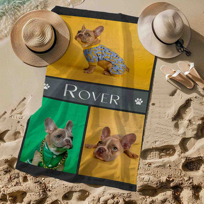 Personalized pet photo beach towel custom dog cat name gift, pet lover lifestyle sand