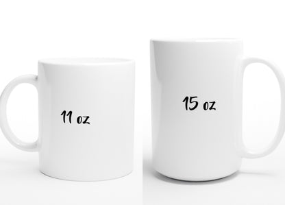 Size options for personalized print coffee mug 11 oz and 15 oz, custom art cup