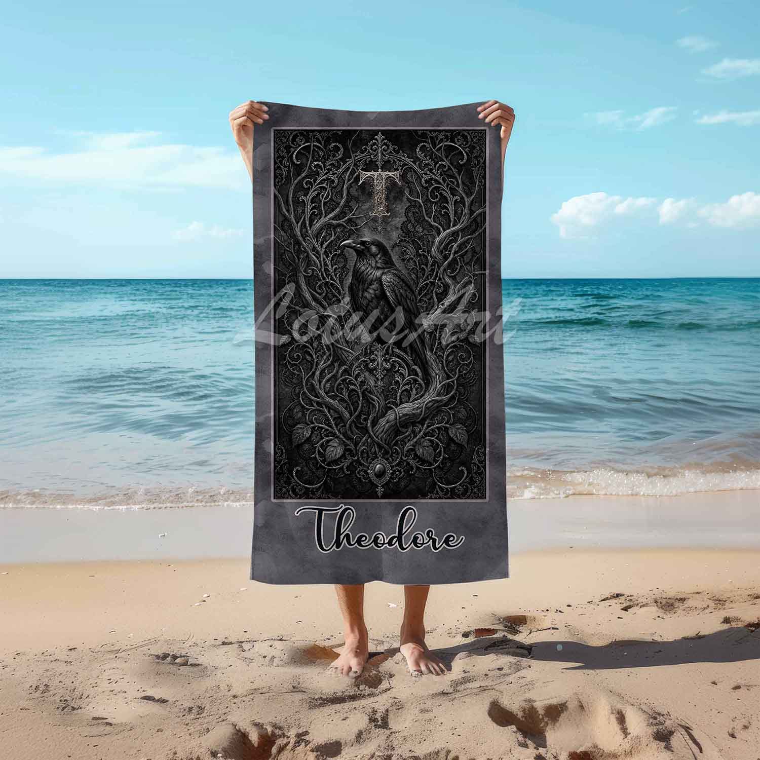 Personalized raven gothic beach towel custom name monogram initial, dark art lifestyle beach Theodore