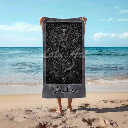 Personalized raven gothic beach towel custom name monogram initial, dark art lifestyle beach Theodore