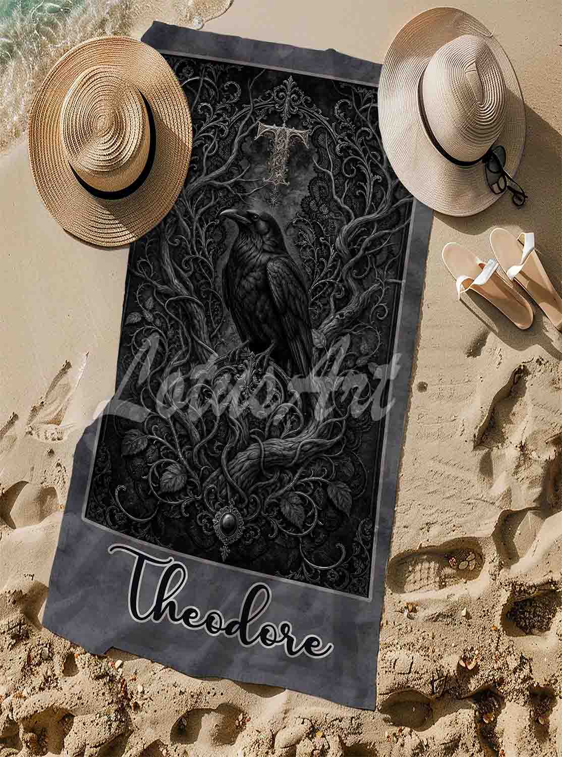 Personalized raven gothic beach towel custom name monogram initial, dark art lifestyle sand Theodore