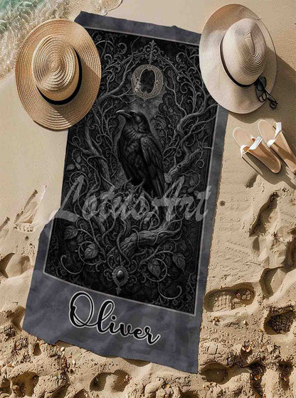 Personalized raven gothic beach towel custom name monogram initial, dark art lifestyle sand Olivia
