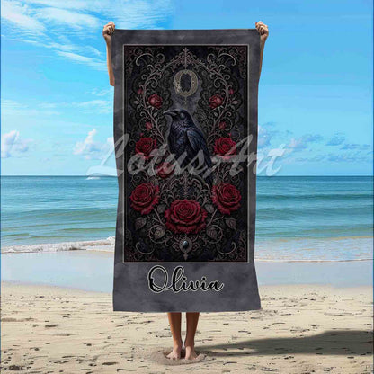 Personalized raven roses gothic beach towel custom name & monogram, dark romantic art with her initial, beach