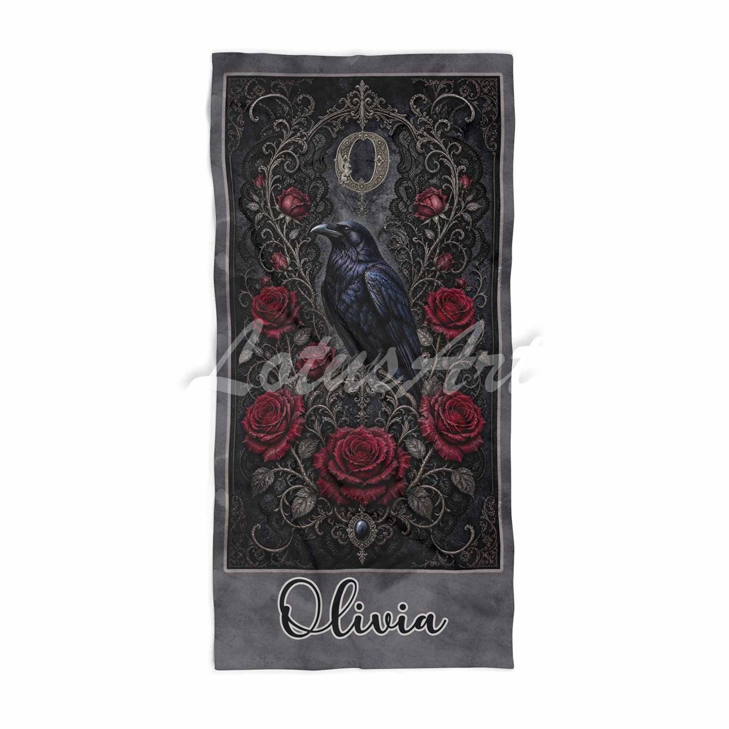 Personalized raven roses gothic beach towel custom name & monogram, dark romantic art with her initial, front view