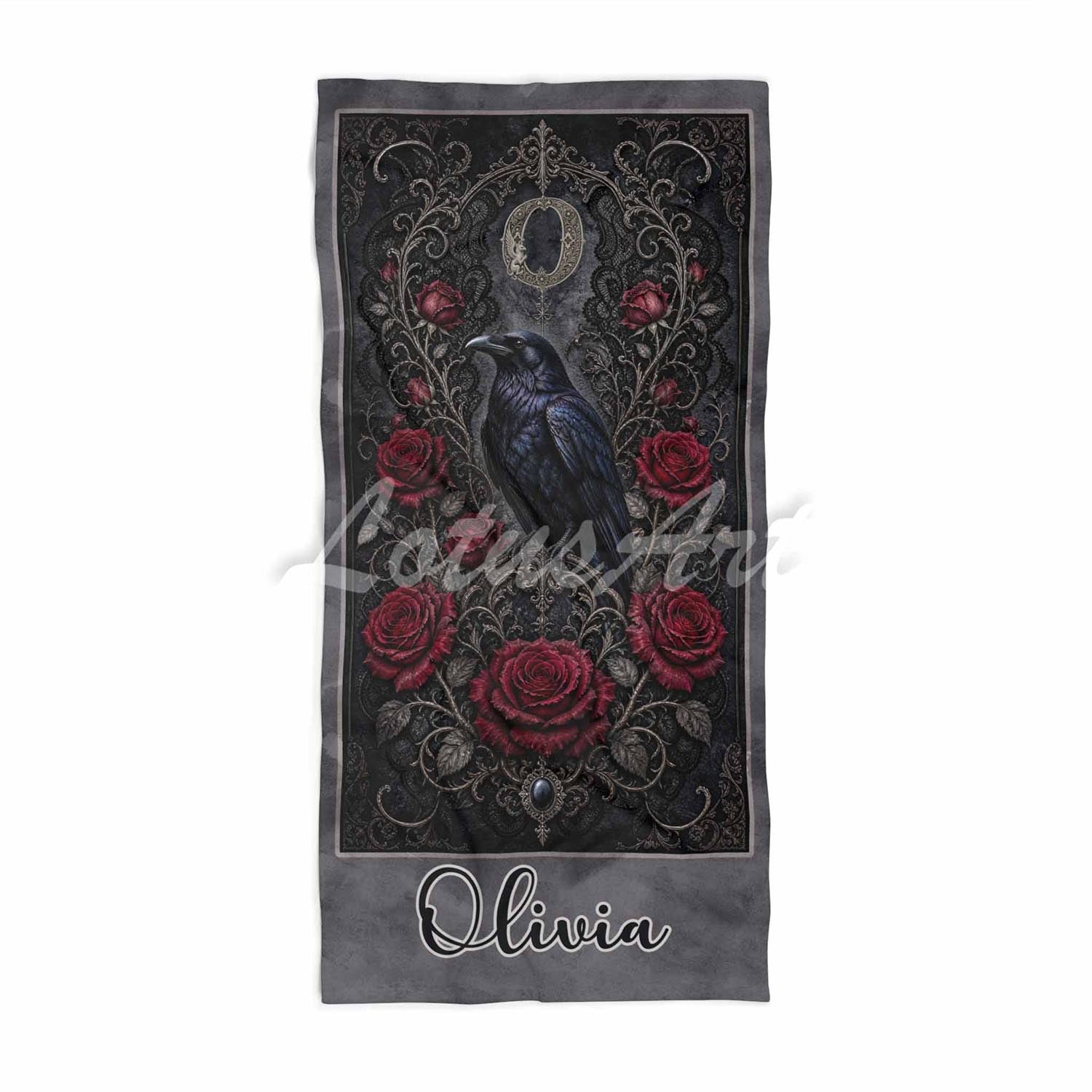 Personalized raven roses gothic beach towel custom name & monogram, dark romantic art with her initial, front view