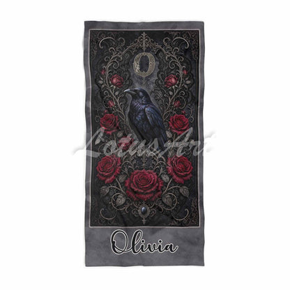 Personalized raven roses gothic beach towel custom name & monogram, dark romantic art with her initial, front view
