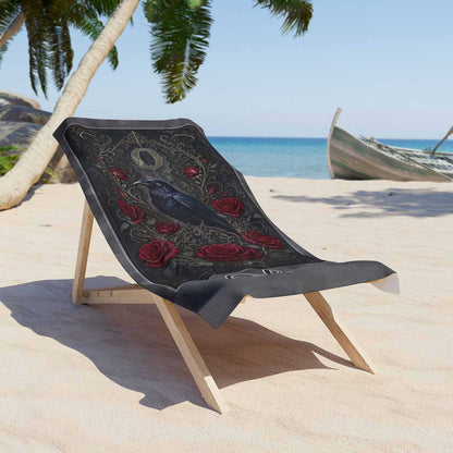Personalized raven roses gothic beach towel custom name & monogram, dark romantic art with her initial, on a lounger