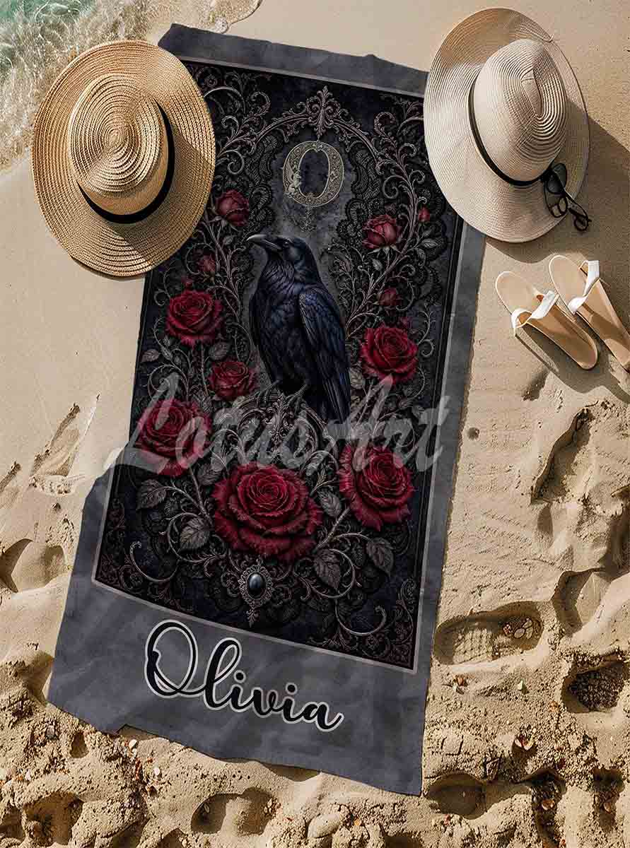 Personalized raven roses gothic beach towel custom name & monogram, dark romantic art with her initial, sand