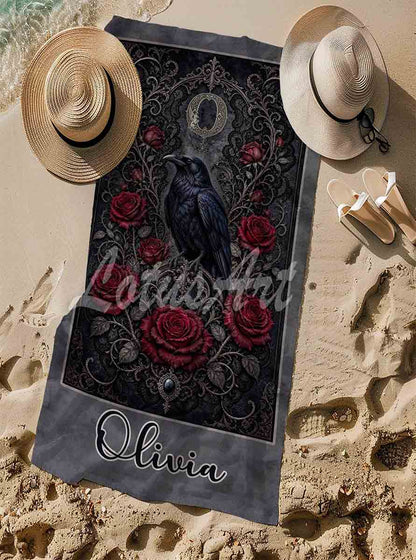 Personalized raven roses gothic beach towel custom name & monogram, dark romantic art with her initial, sand