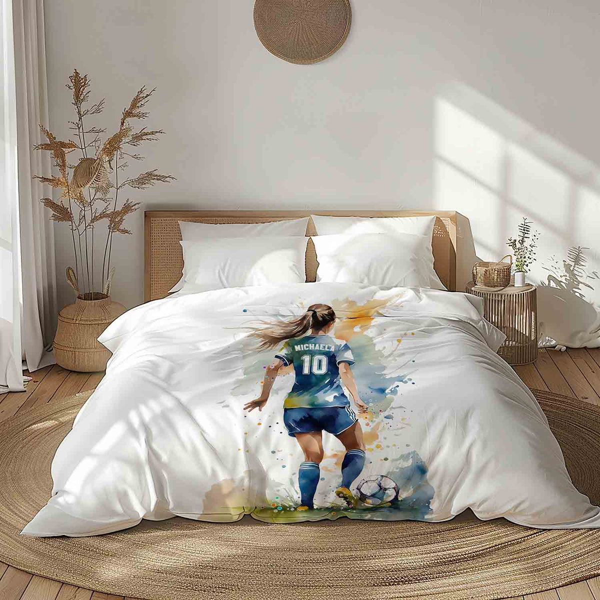 Personalized soccer girl comforter with custom name watercolor art, unique sports bedding for kids and teen bedroom
